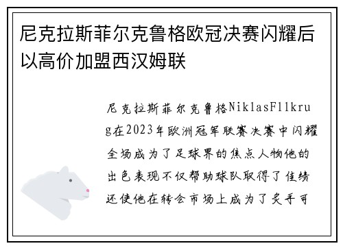 尼克拉斯菲尔克鲁格欧冠决赛闪耀后以高价加盟西汉姆联
